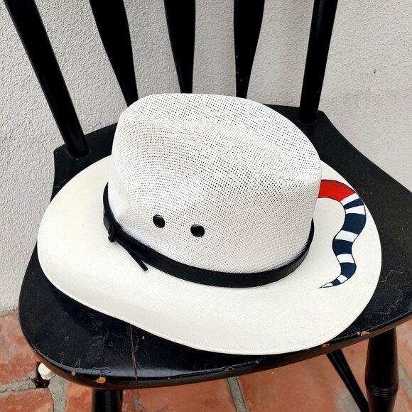 Hand Painted Snake White Fedora Straw Hat Made in Mexico Size Medium - Picture 4 of 13